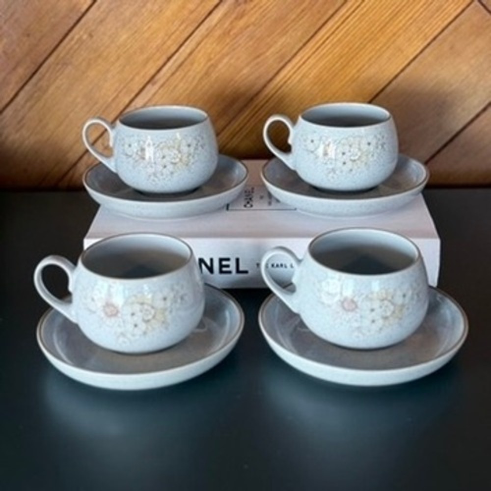 Denby Reflections Stoneware Tea Cups and Saucers Set of 4 Floral England